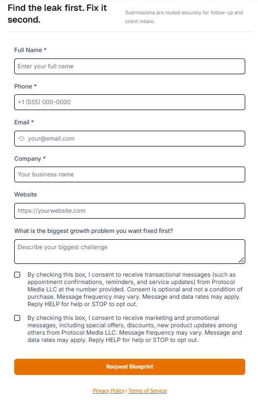 Screenshot of the Protocol Media LLC opt-in form at protocolmediallc.com/contact-us, showing the Name, Phone, Email, and Company fields with both SMS consent checkboxes unchecked by default.